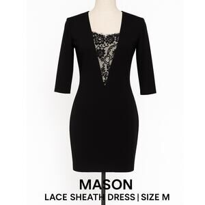 Mason Black Lace Sheath Dress Size Medium Deep V Neck Illusion Panel Cocktail